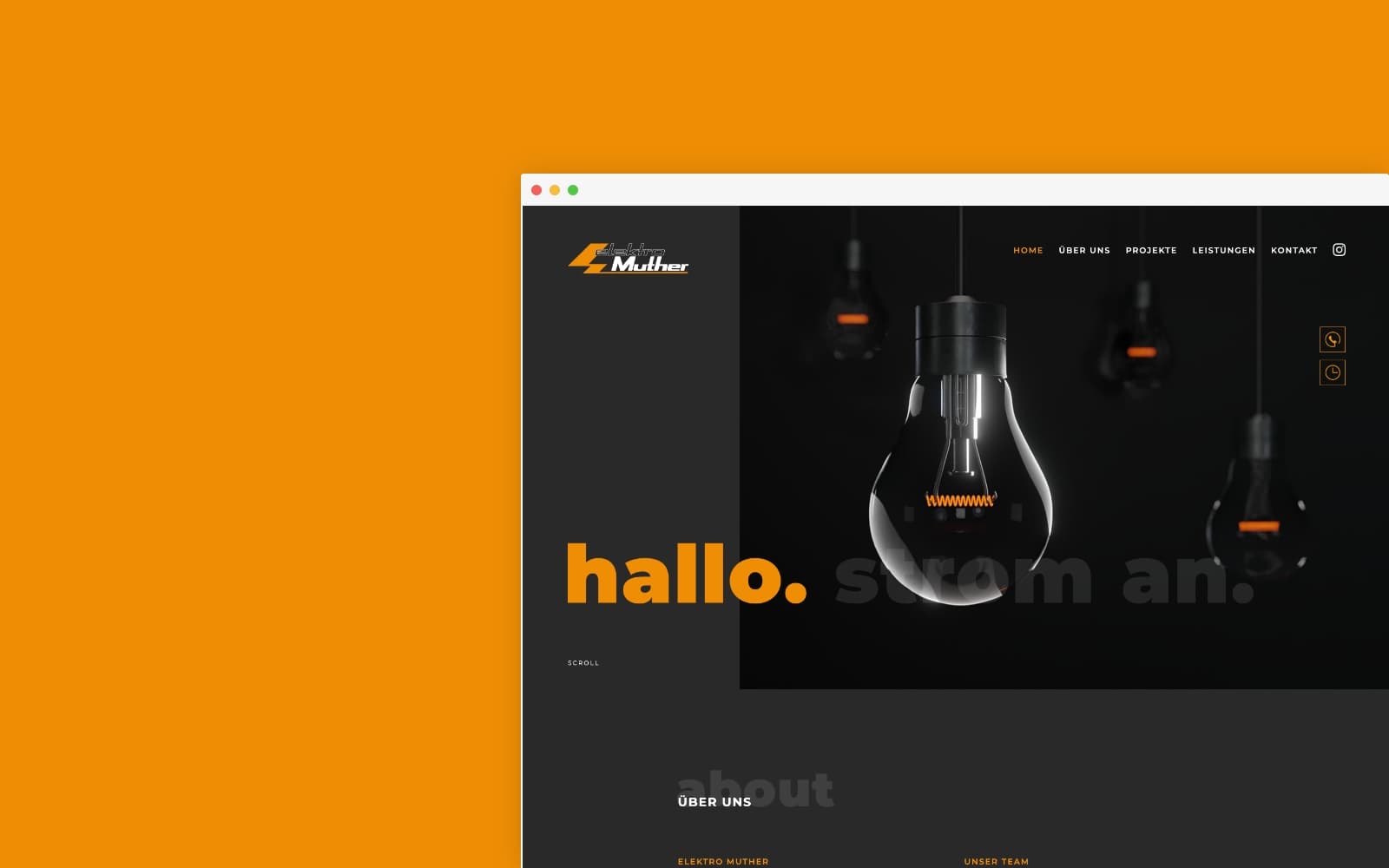 Browser-Mockup der dunklen Elektro-Muther-Website mit leuchtender Glühbirne vor orangefarbenem Hintergrund