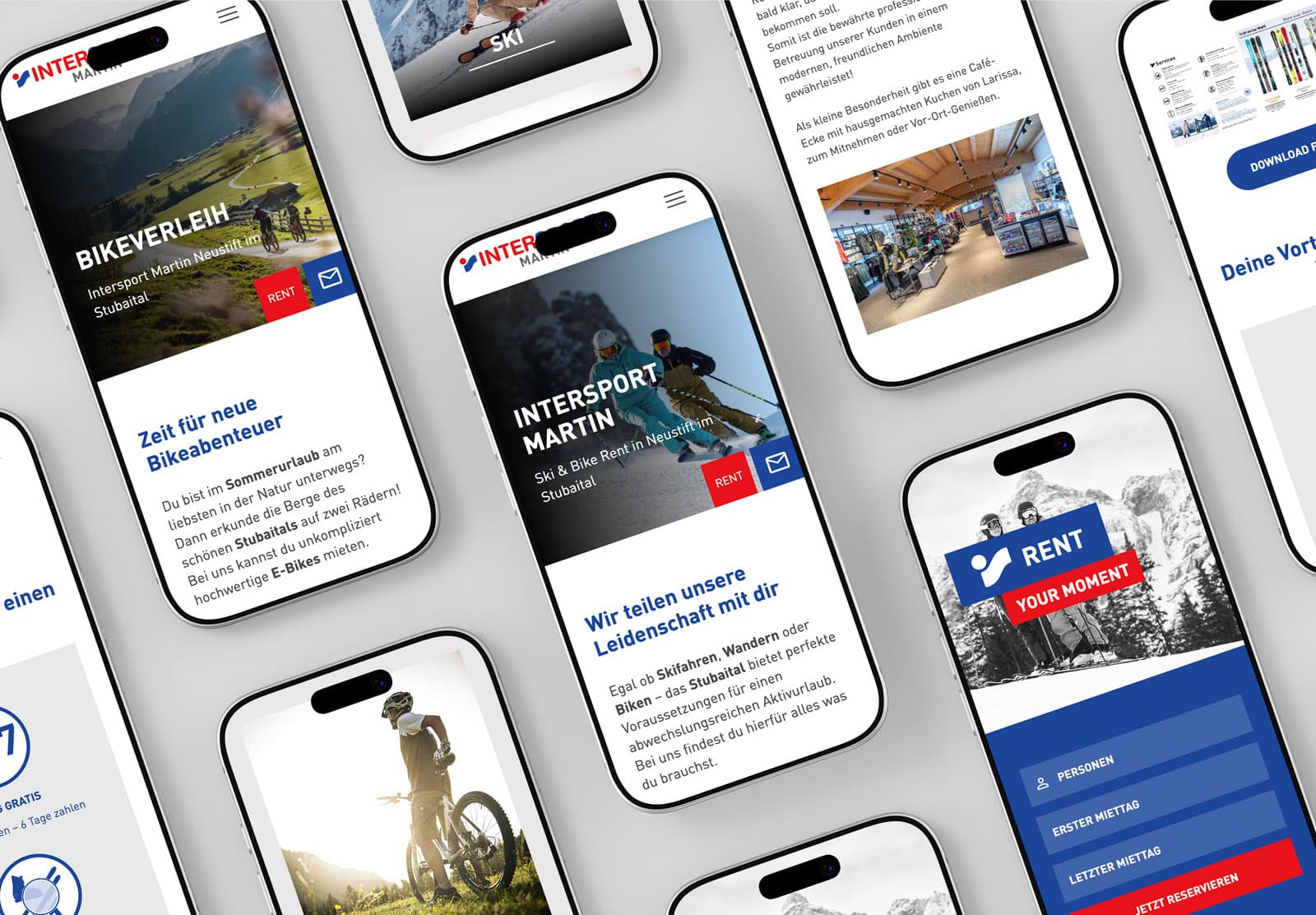 Mehrere Smartphone-Mockups zeigen die mobile Website von Intersport Martin mit Ski- und Bike-Inhalten