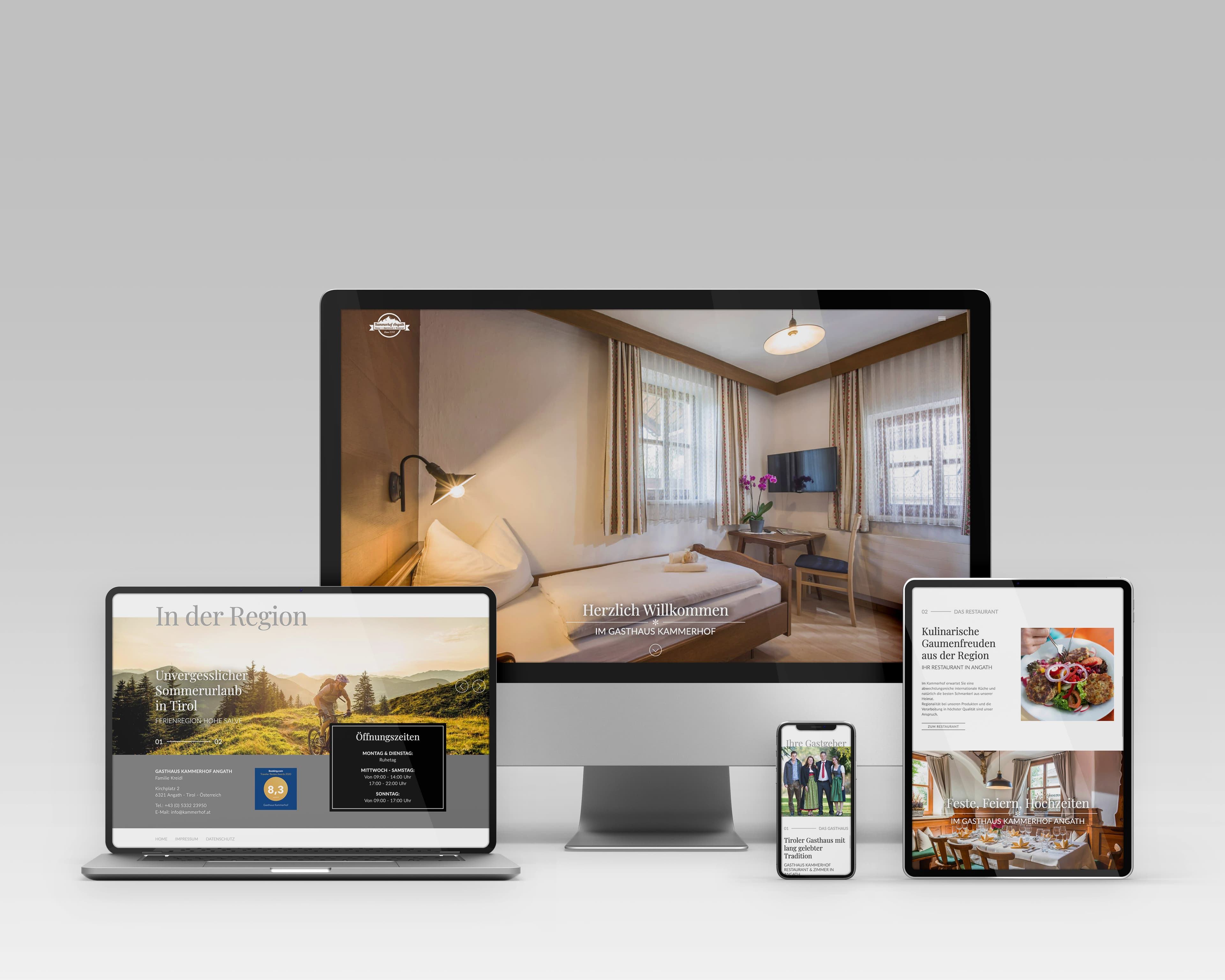 Responsive Kammerhof-Website mit Zimmer-, Restaurant- und Regionsinhalten auf Desktop, Laptop, Tablet und Smartphone