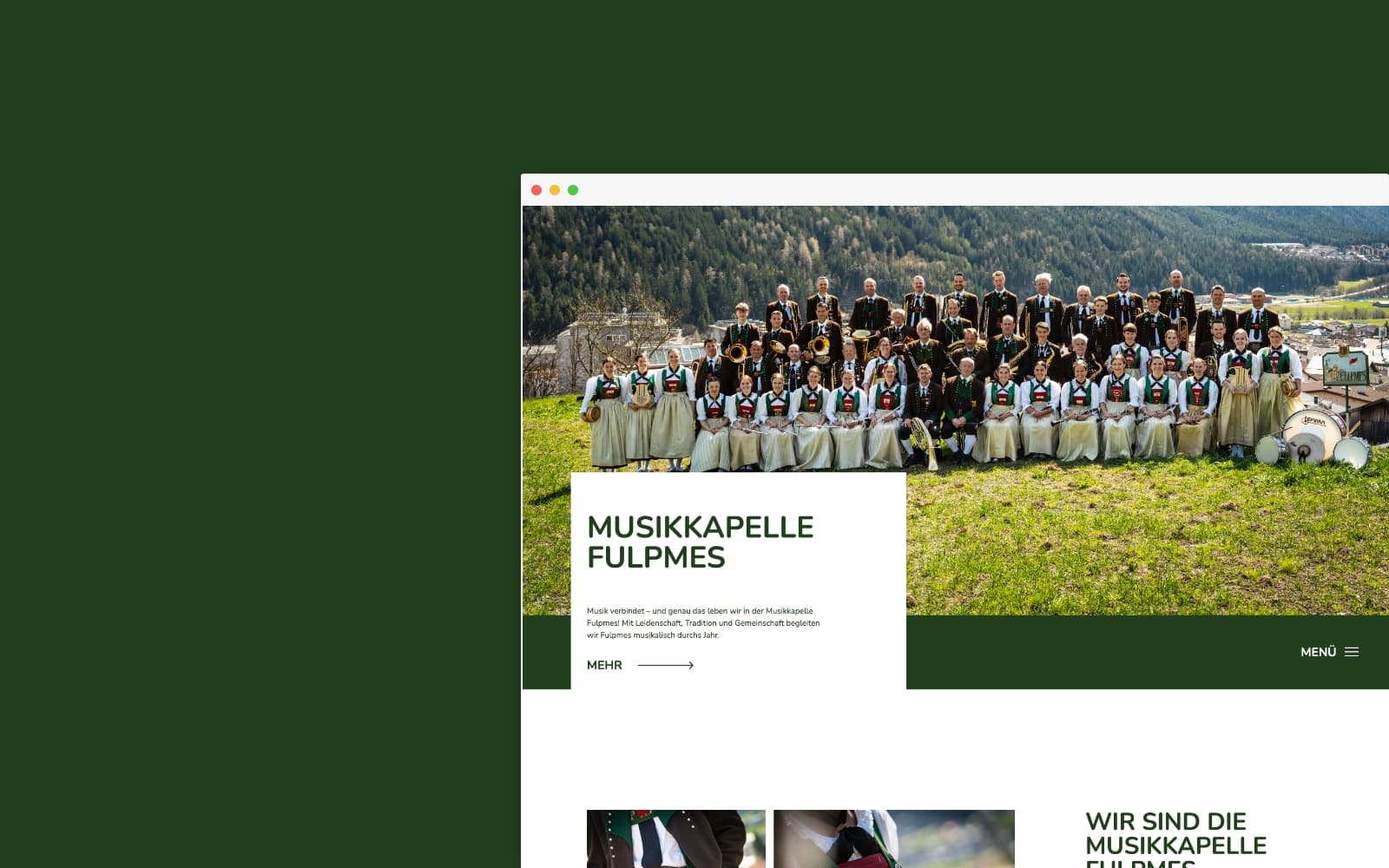 Browser-Mockup der Website der Musikkapelle Fulpmes mit Gruppenfoto vor einer Tiroler Berglandschaft